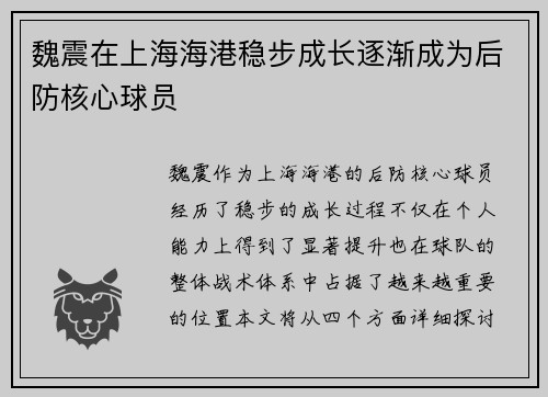 魏震在上海海港稳步成长逐渐成为后防核心球员